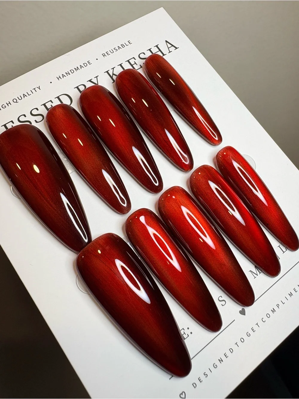Handmade Stiletto Press-On Nails in Shimmering Ruby Red